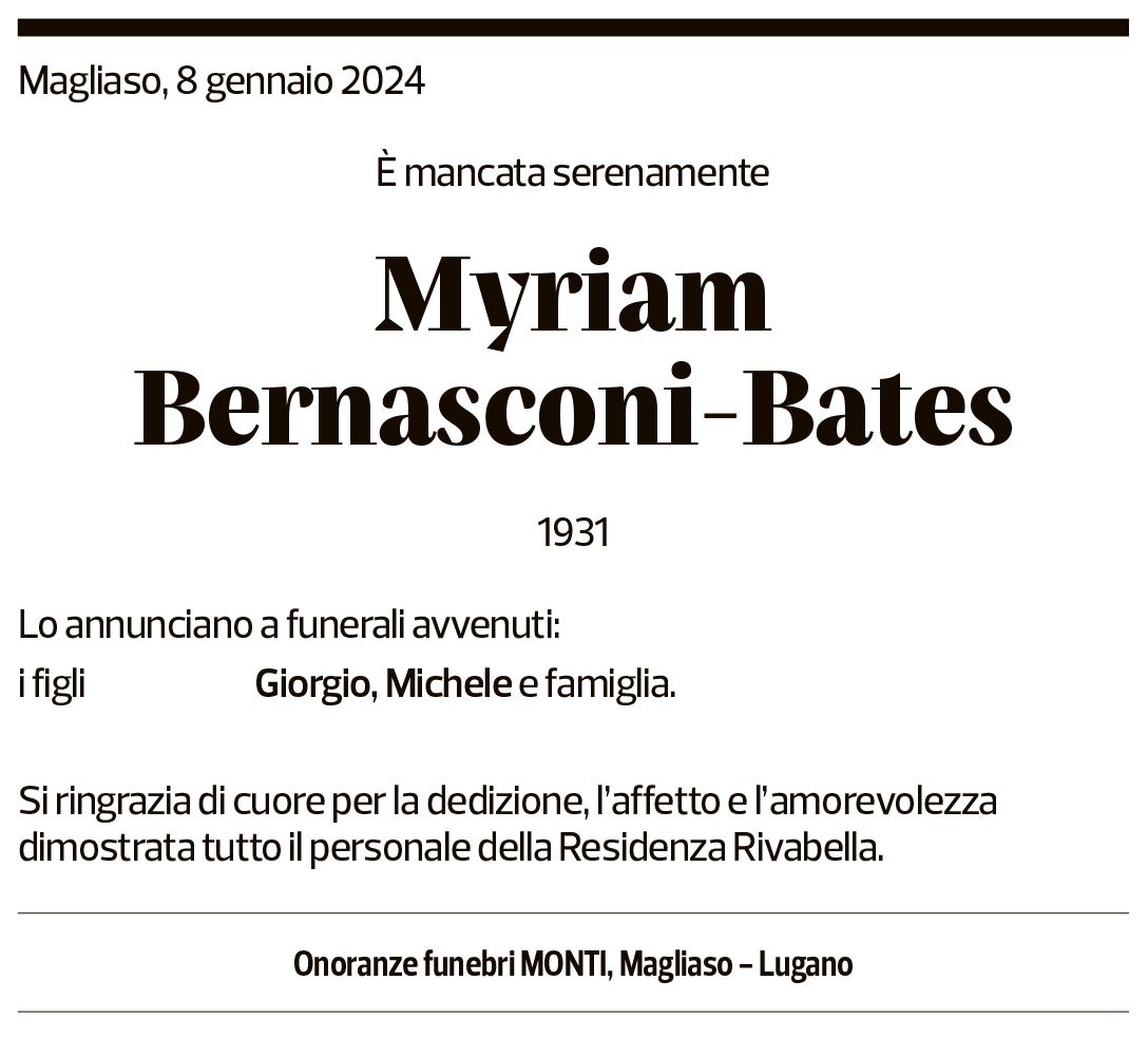 Annuncio funebre Myriam Bernasconi-bates