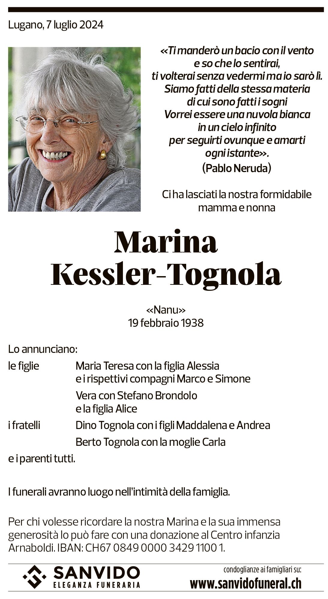 Annuncio funebre Marina Kessler-tognola