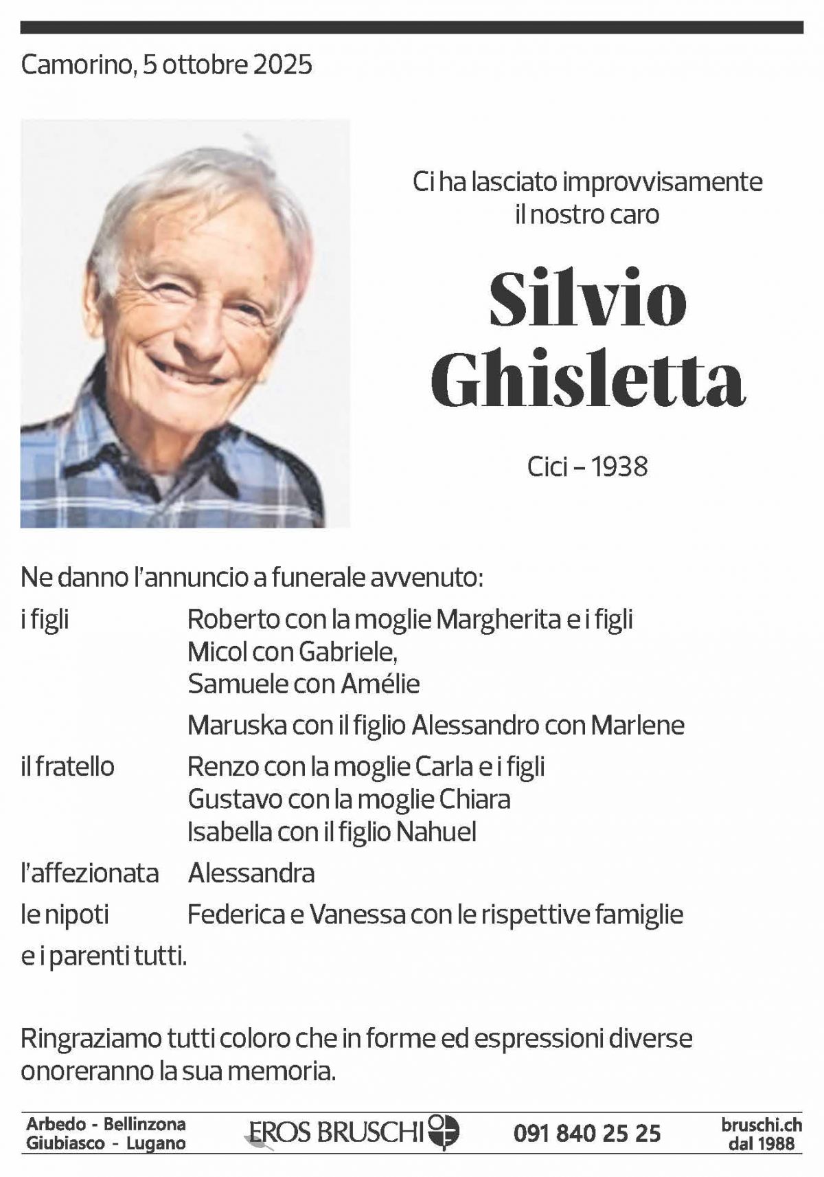 Annuncio funebre Silvio Ghisletta