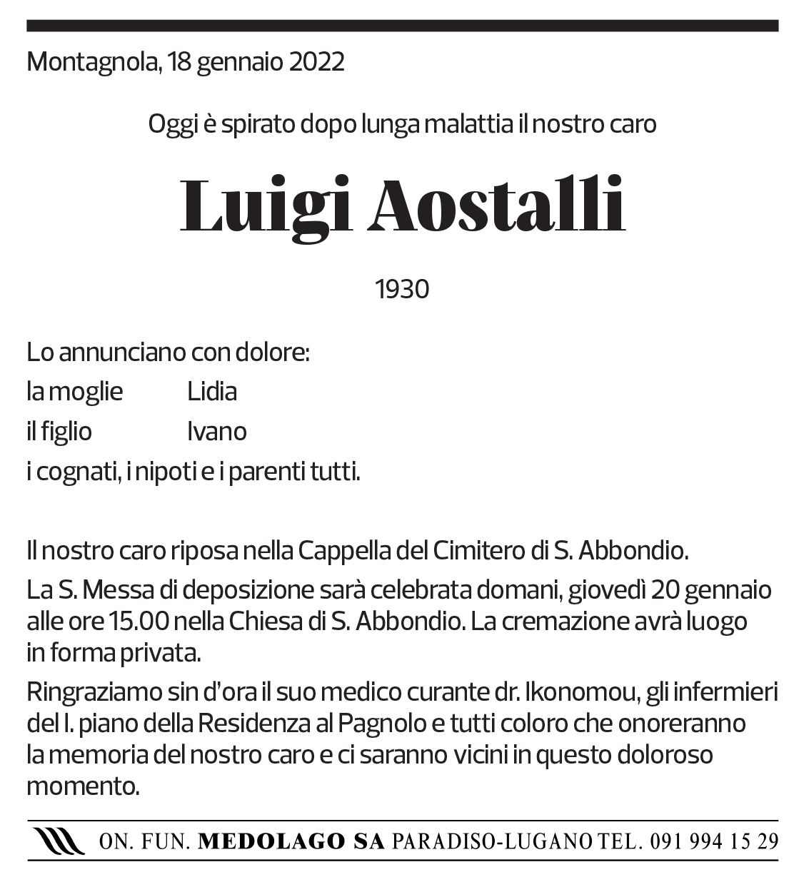 Annuncio funebre Luigi Aostalli