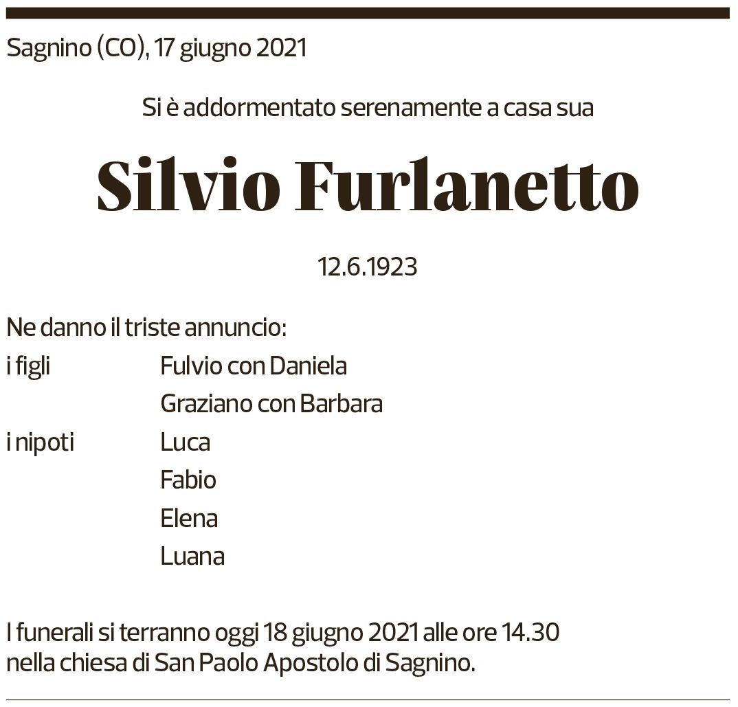 Annuncio funebre Silvio Furnaletto