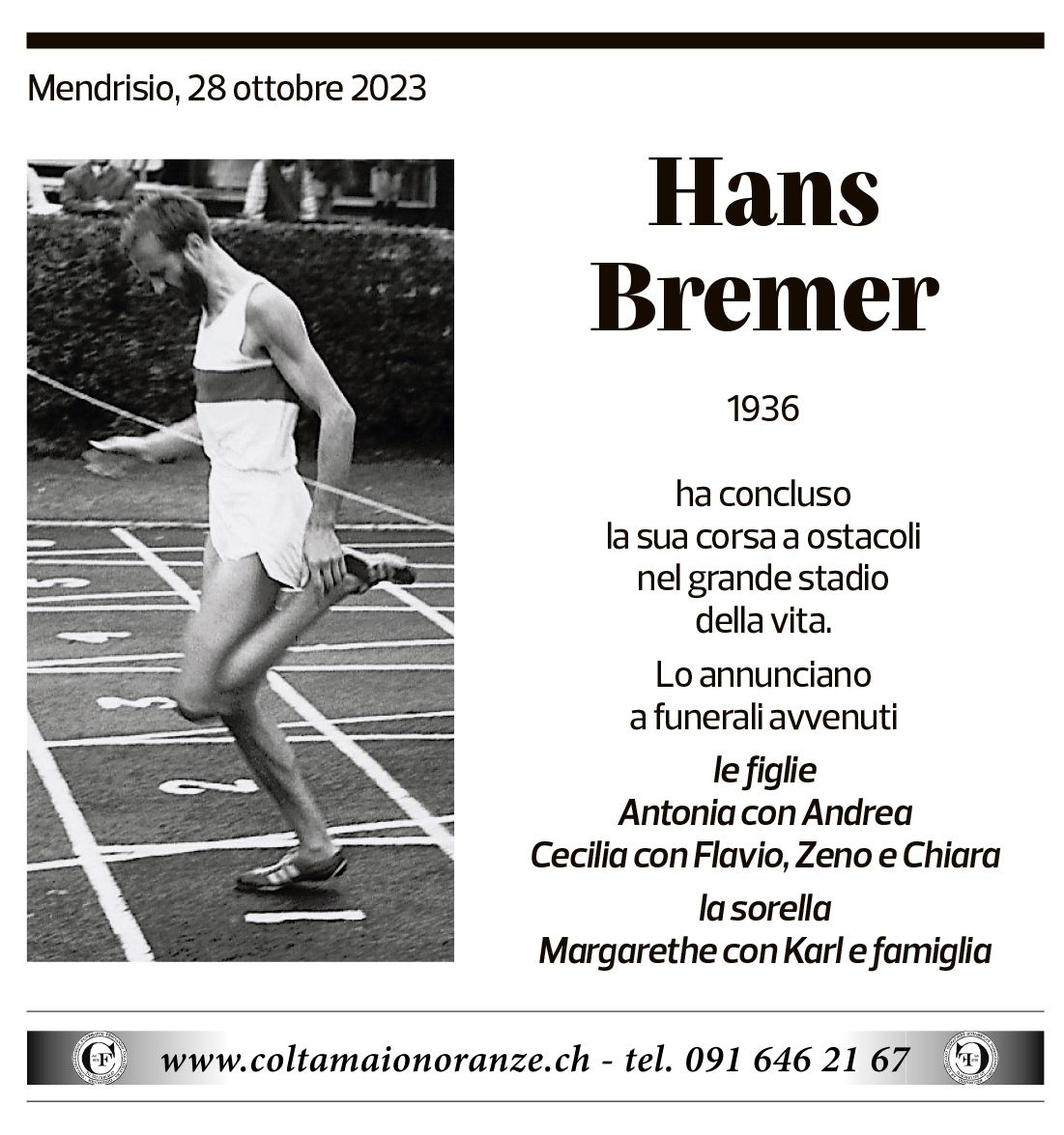 Annuncio funebre Hans Bremer