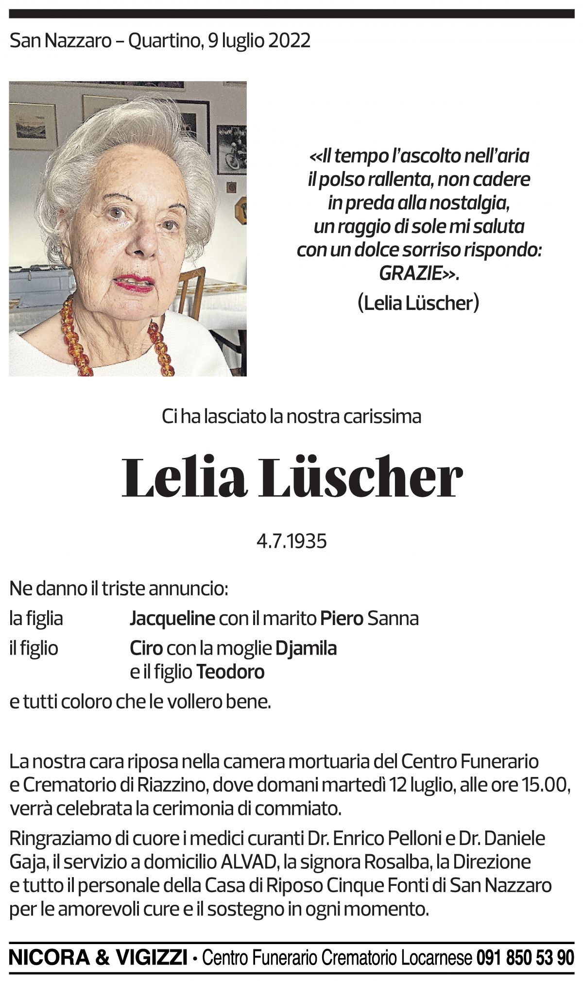 Annuncio funebre Leila Lüscher