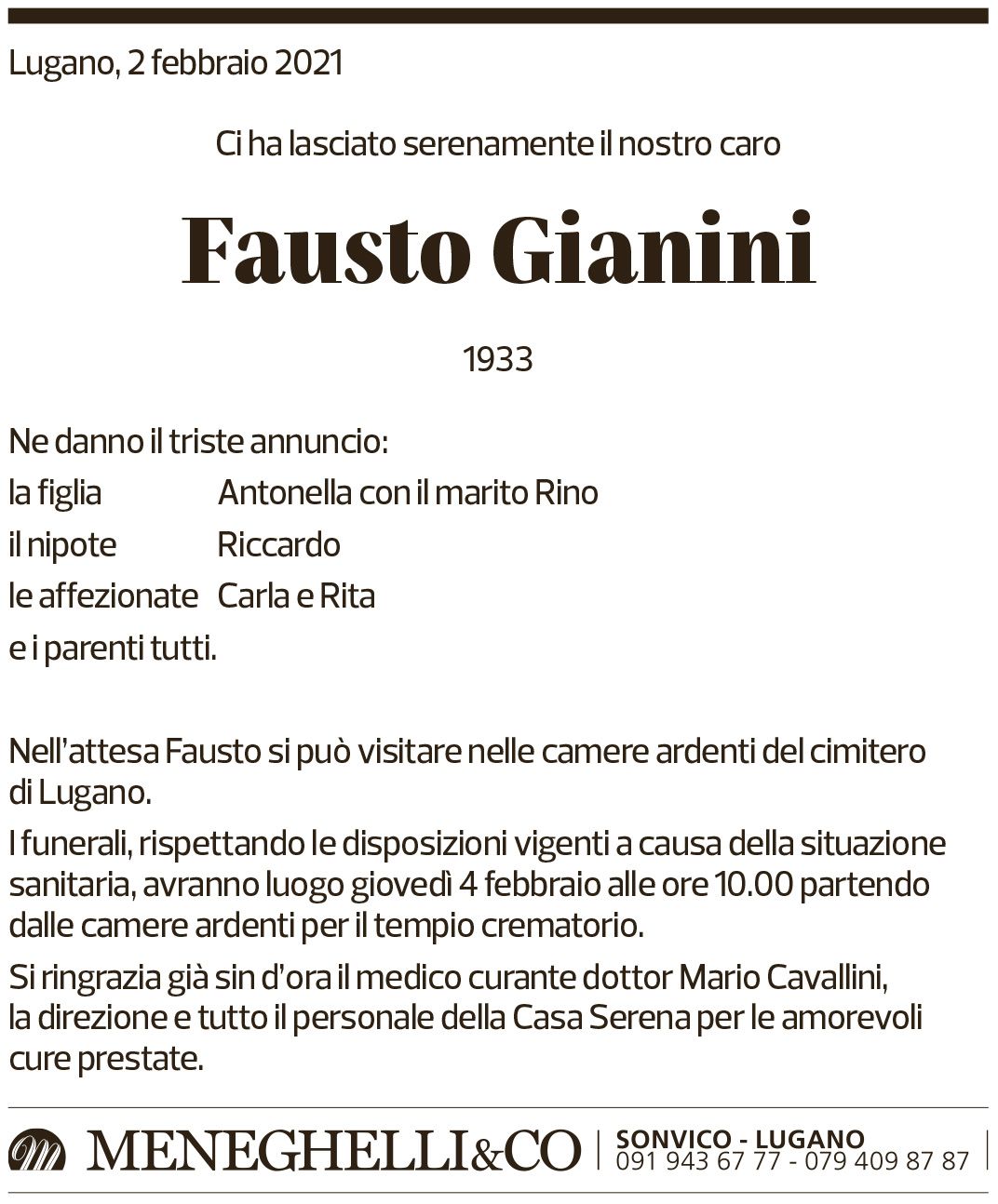 Annuncio funebre Fausto Gianini