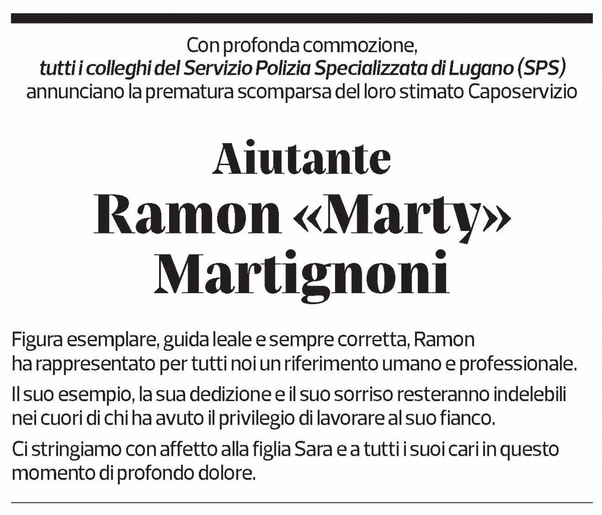 Annuncio funebre Ramon Martignoni
