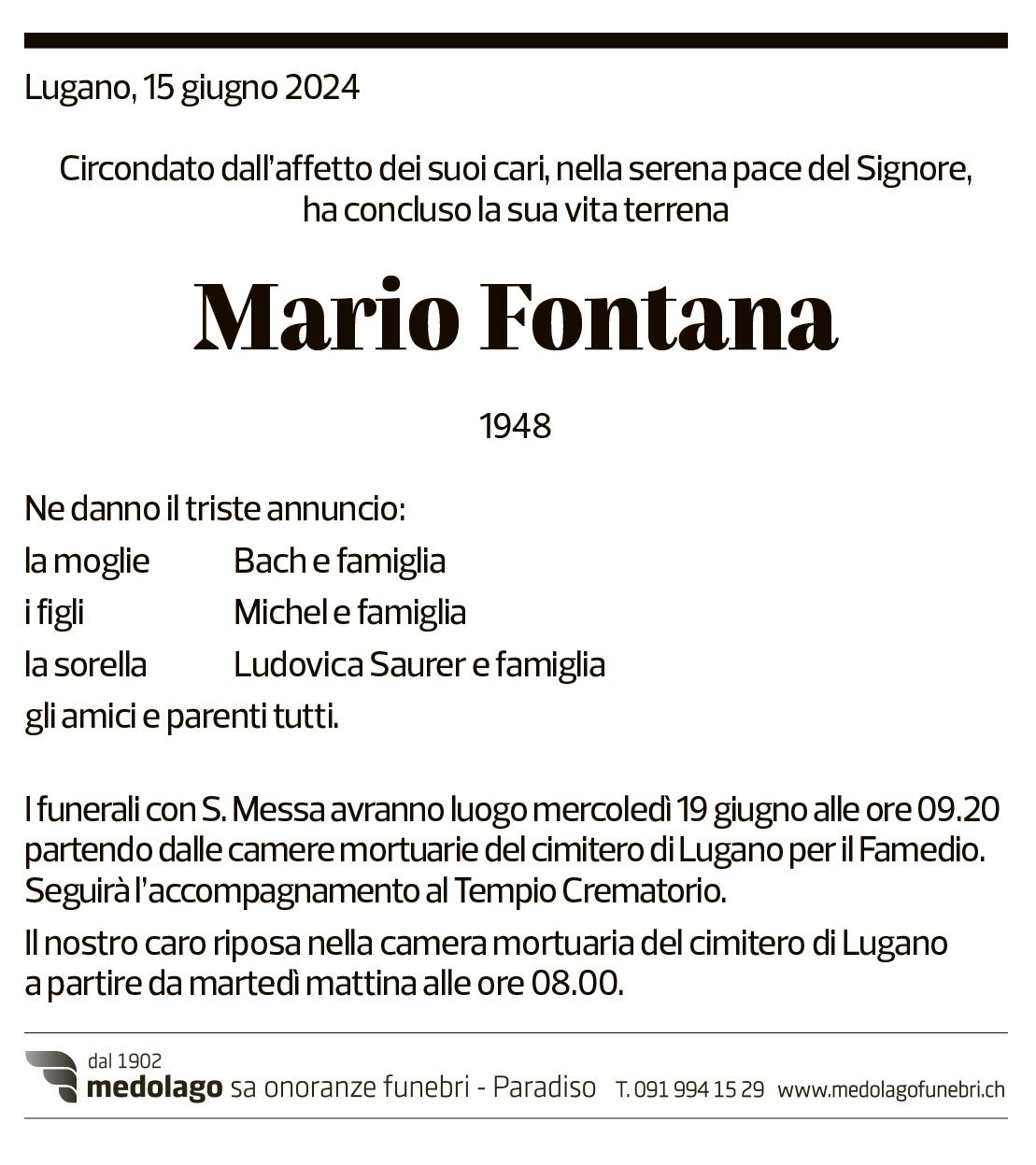 Annuncio funebre Mario Fontana