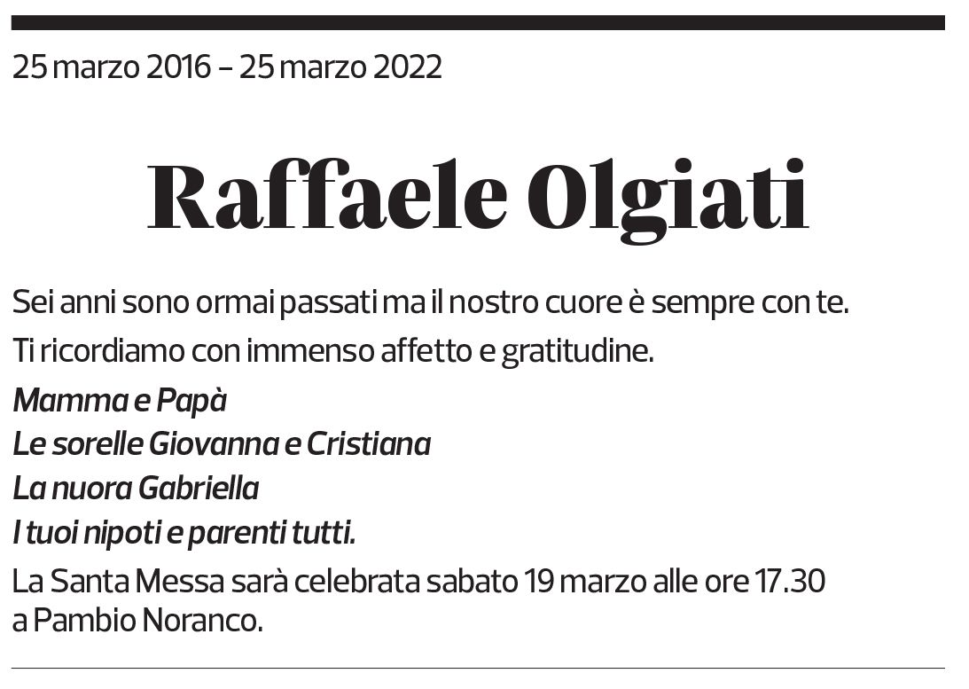 Annuncio funebre Raffaele Olgiati