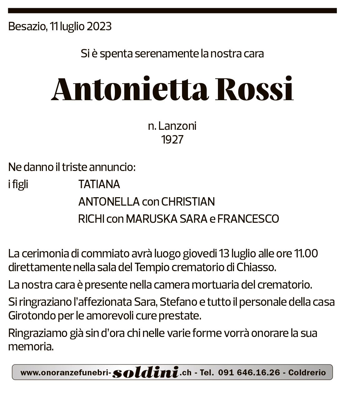 Annuncio funebre Antonietta Rossi