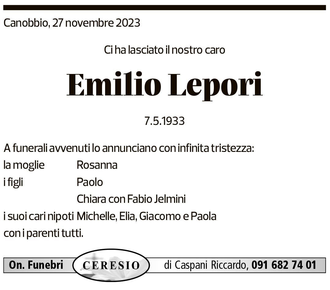 Annuncio funebre Emilio Lepori