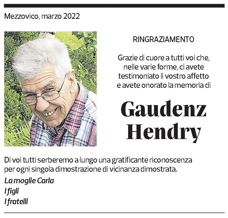 Annuncio funebre Gaudenz Hendry