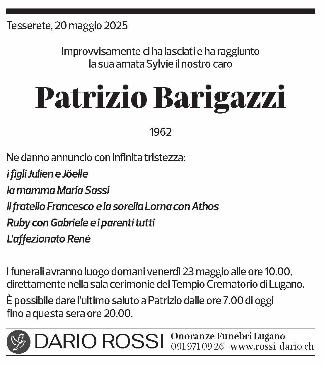 Annuncio funebre Patrizio Barigazzi