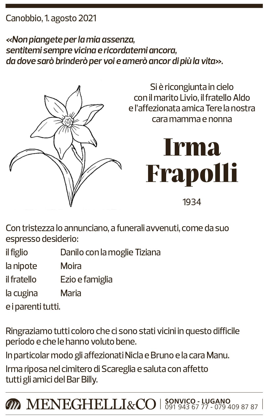 Annuncio funebre Irma Frapolli