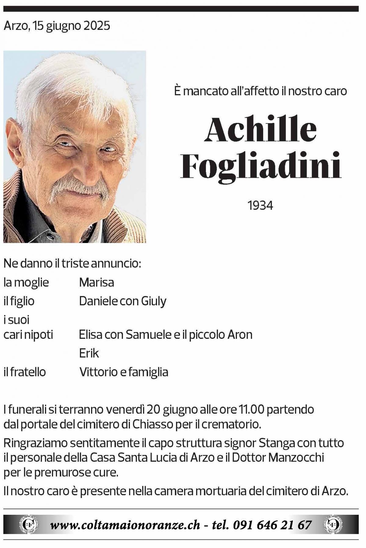 Annuncio funebre Achille Fogliadini
