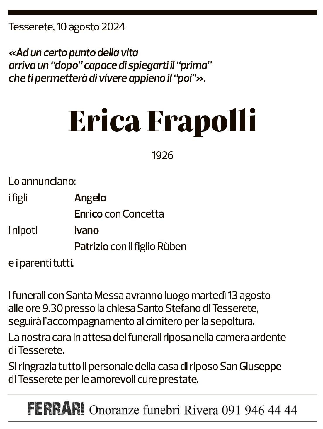 Annuncio funebre Erica Frapolli