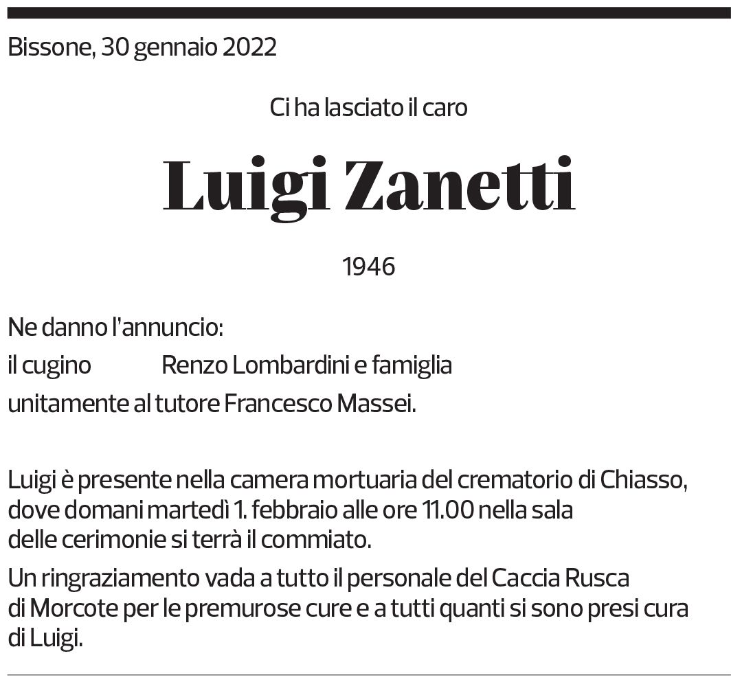 Annuncio funebre Luigi Zanetti