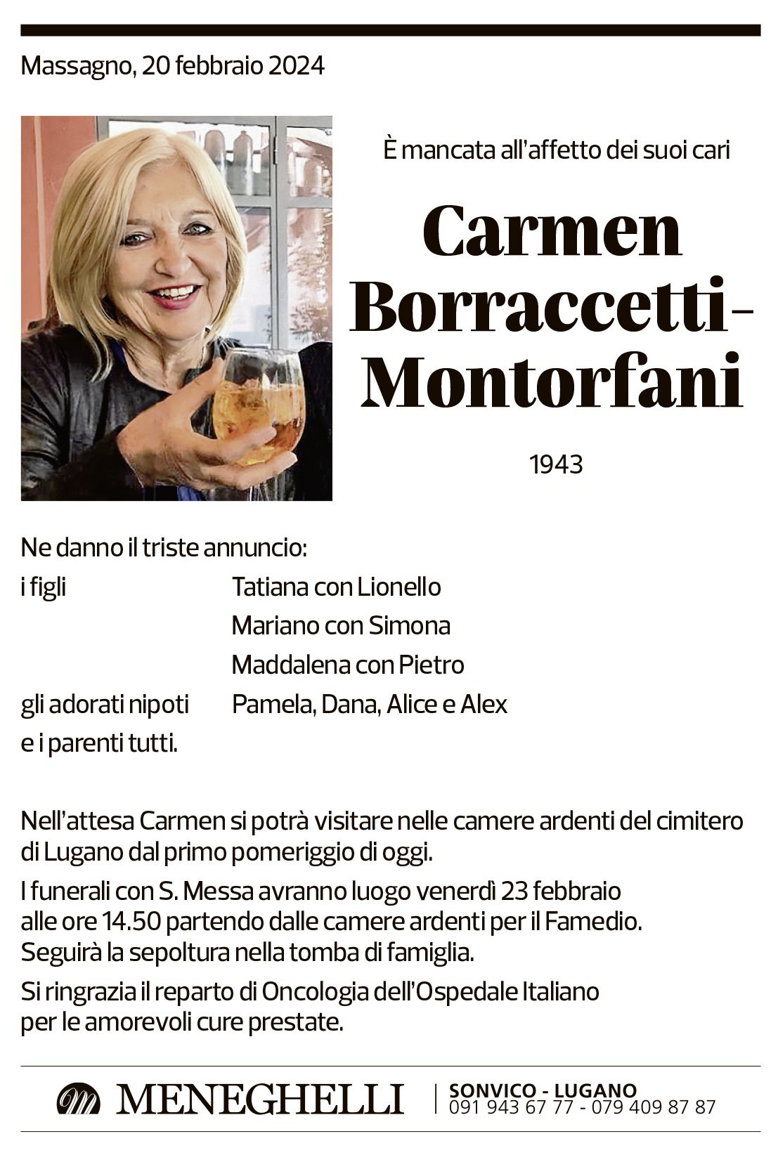 Annuncio funebre Carmen Borraccetti-montorfani