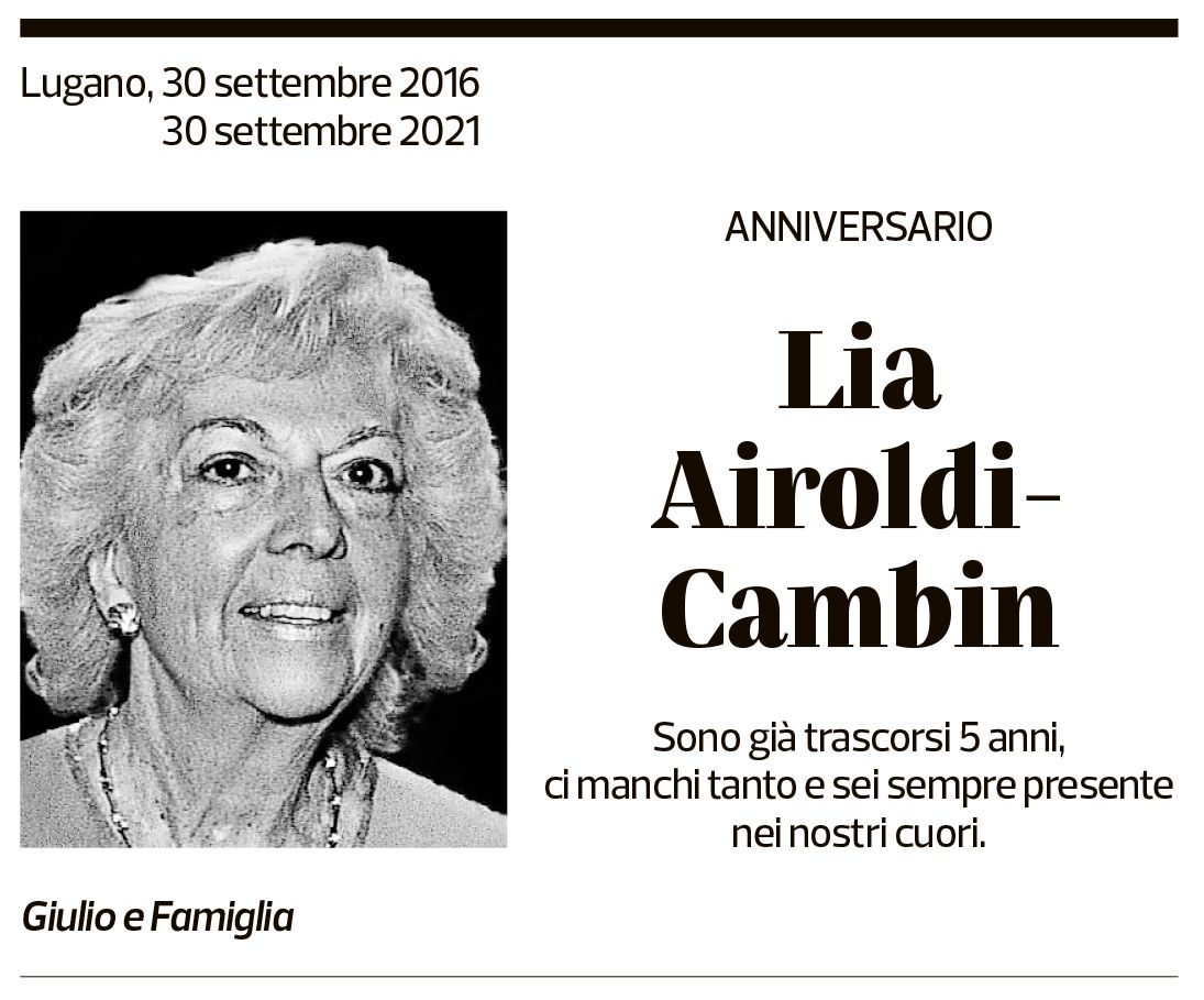 Annuncio funebre Lia Airoldi-cambin