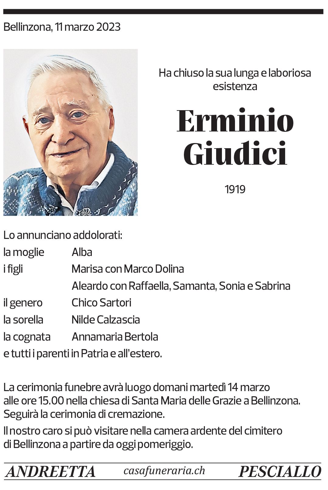 Annuncio funebre Erminio Giudici