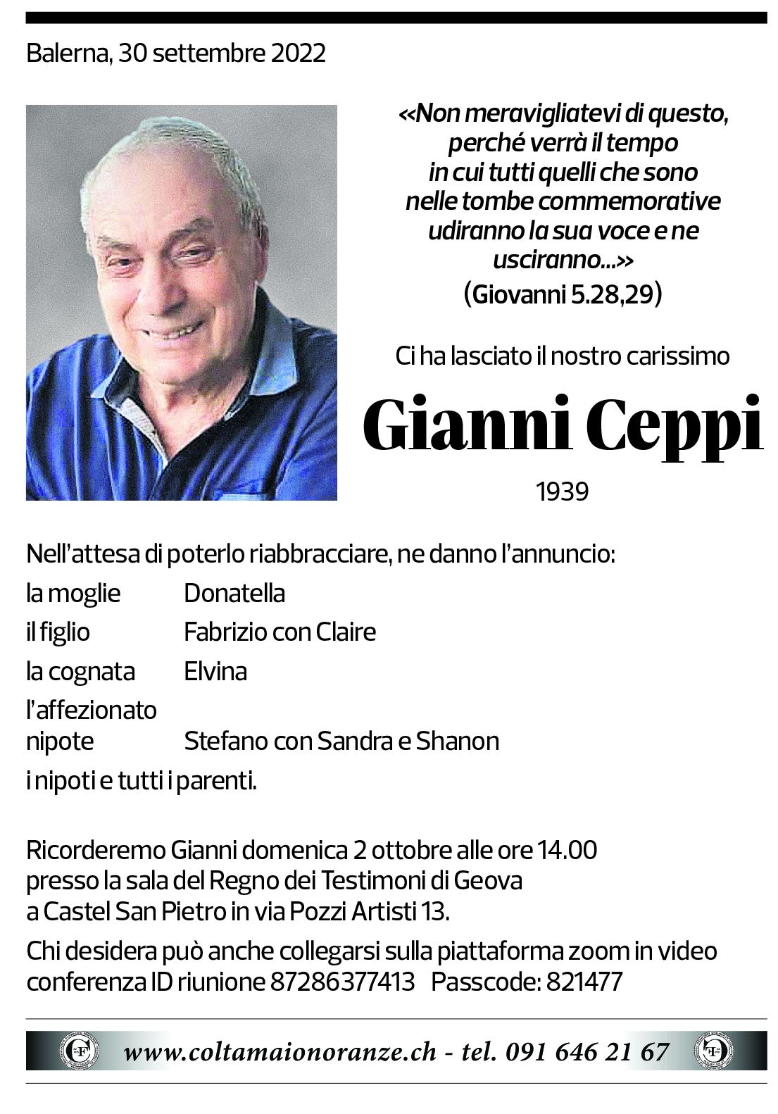 Annuncio funebre Gianni Ceppi