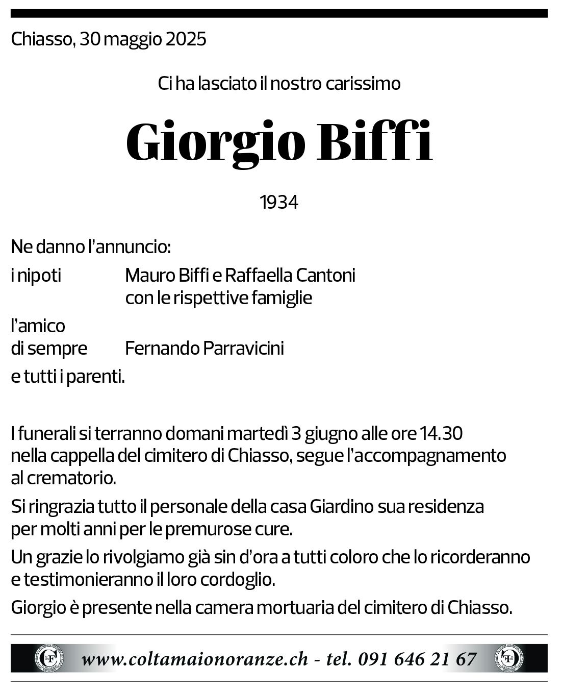 Annuncio funebre Giorgio Biffi