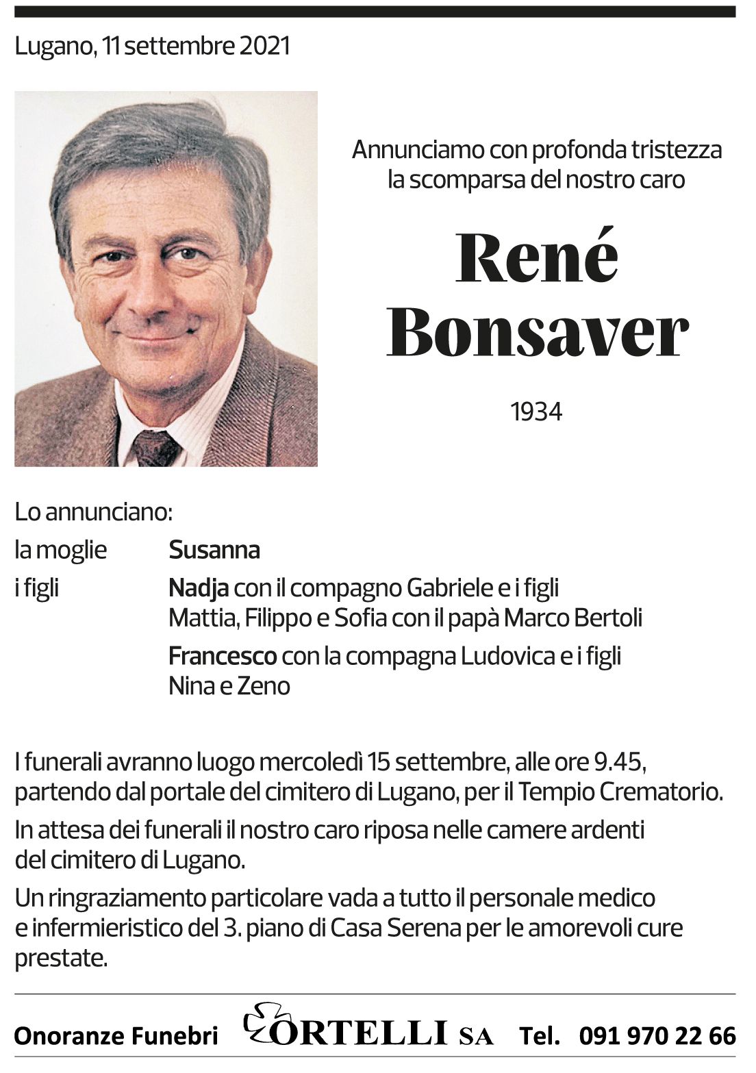 Annuncio funebre René Bonsaver