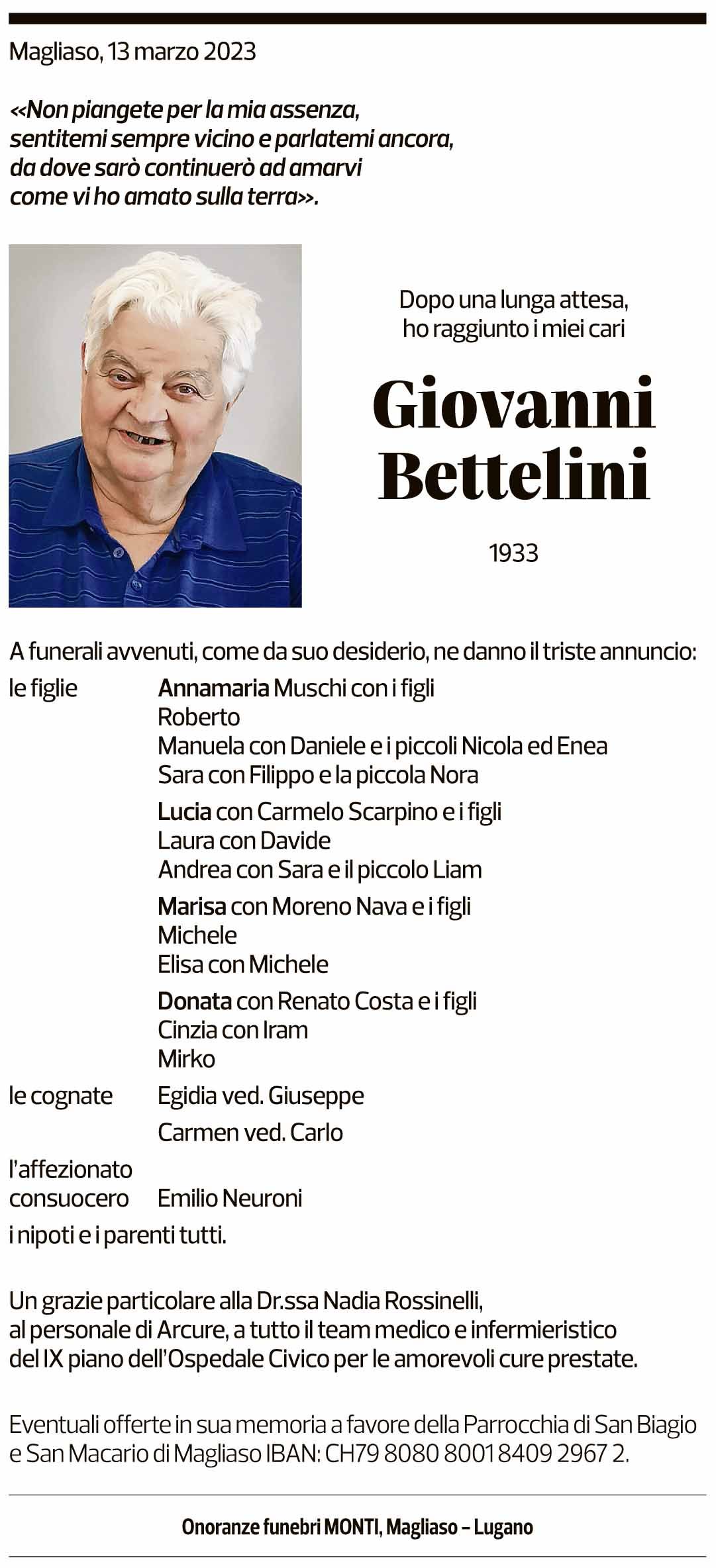 Annuncio funebre Giovanni Bettelini