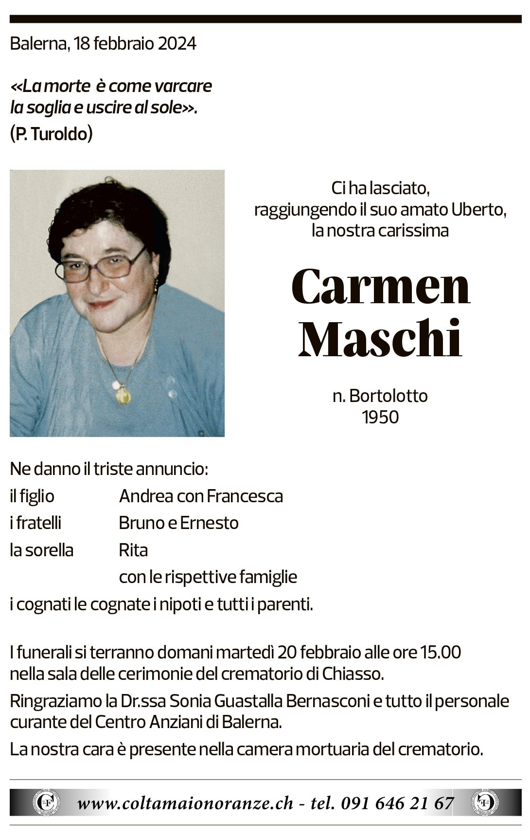 Annuncio funebre Carmen Maschi