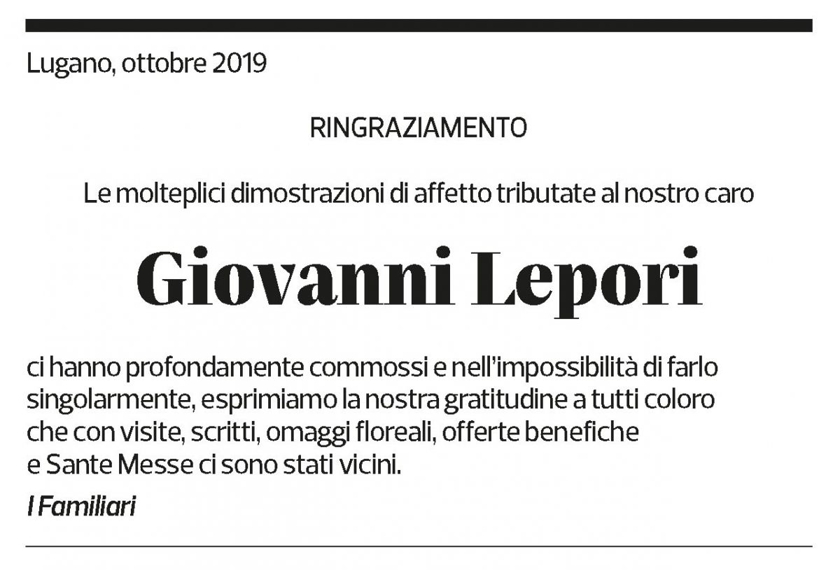 Annuncio funebre Giovanni Lepori