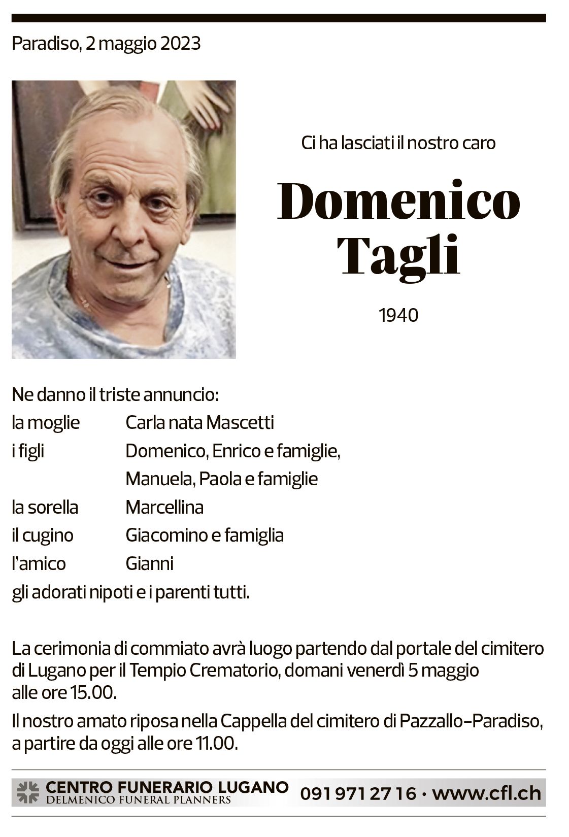 Annuncio funebre Domenico Tagli