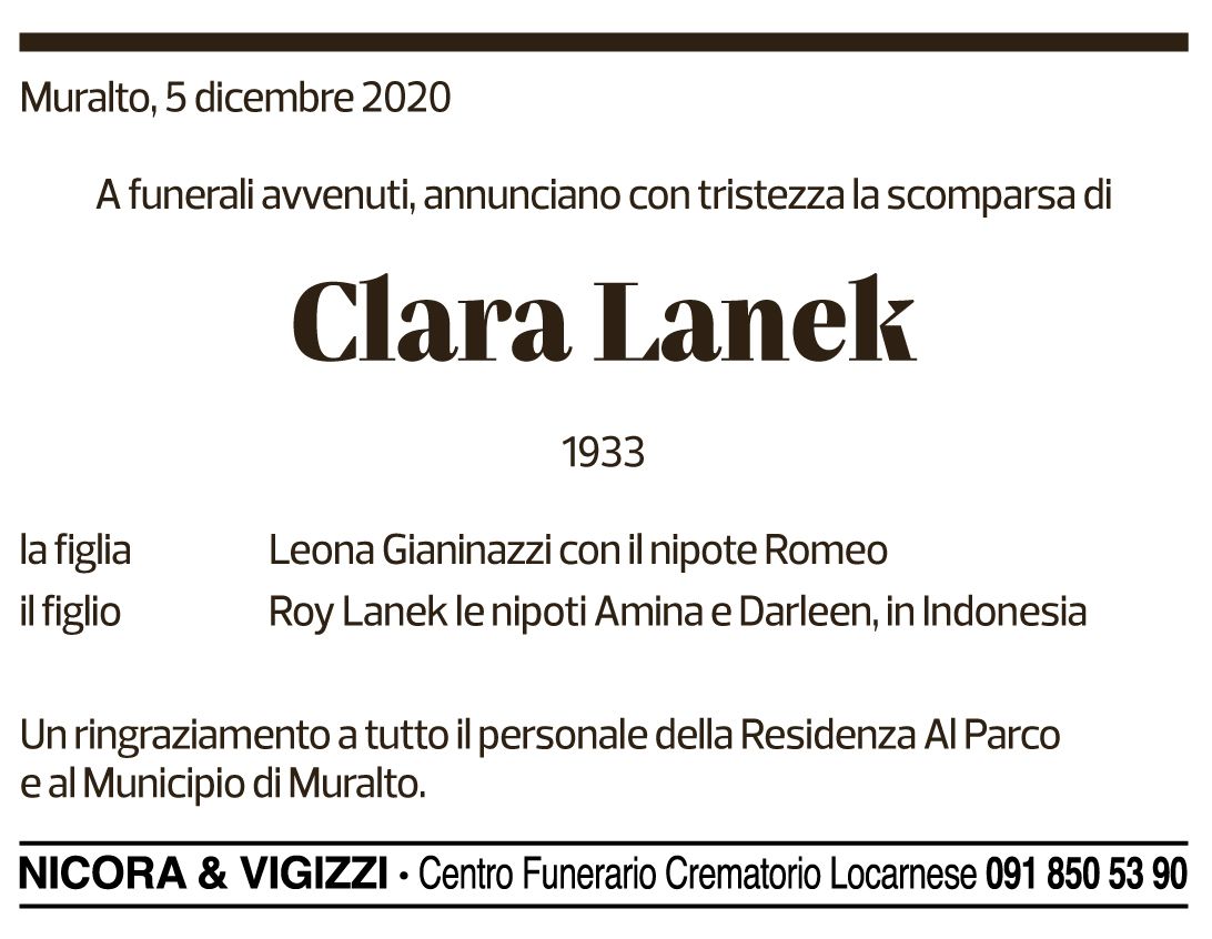 Annuncio funebre Clara Lanek
