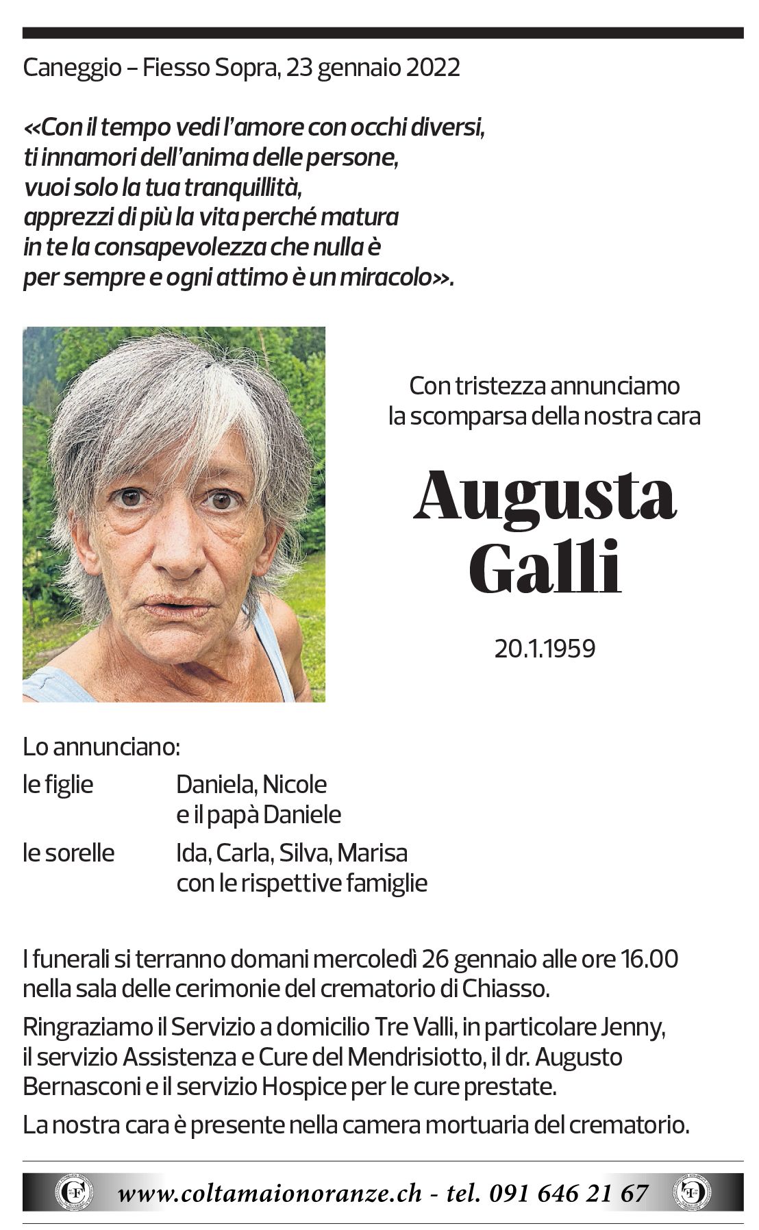 Annuncio funebre Augusta Galli