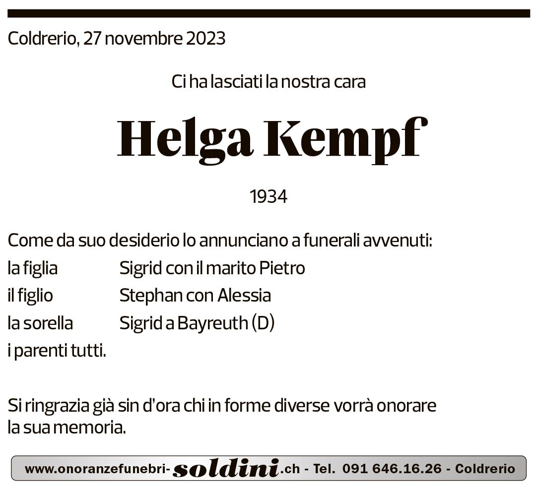 Annuncio funebre Helga Kempf