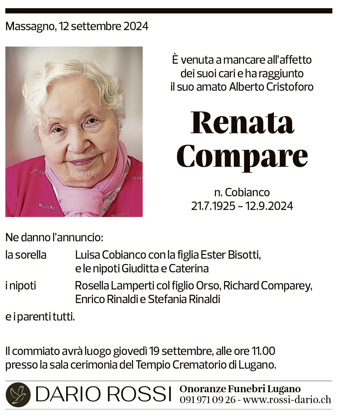 Annuncio funebre Renata Compare