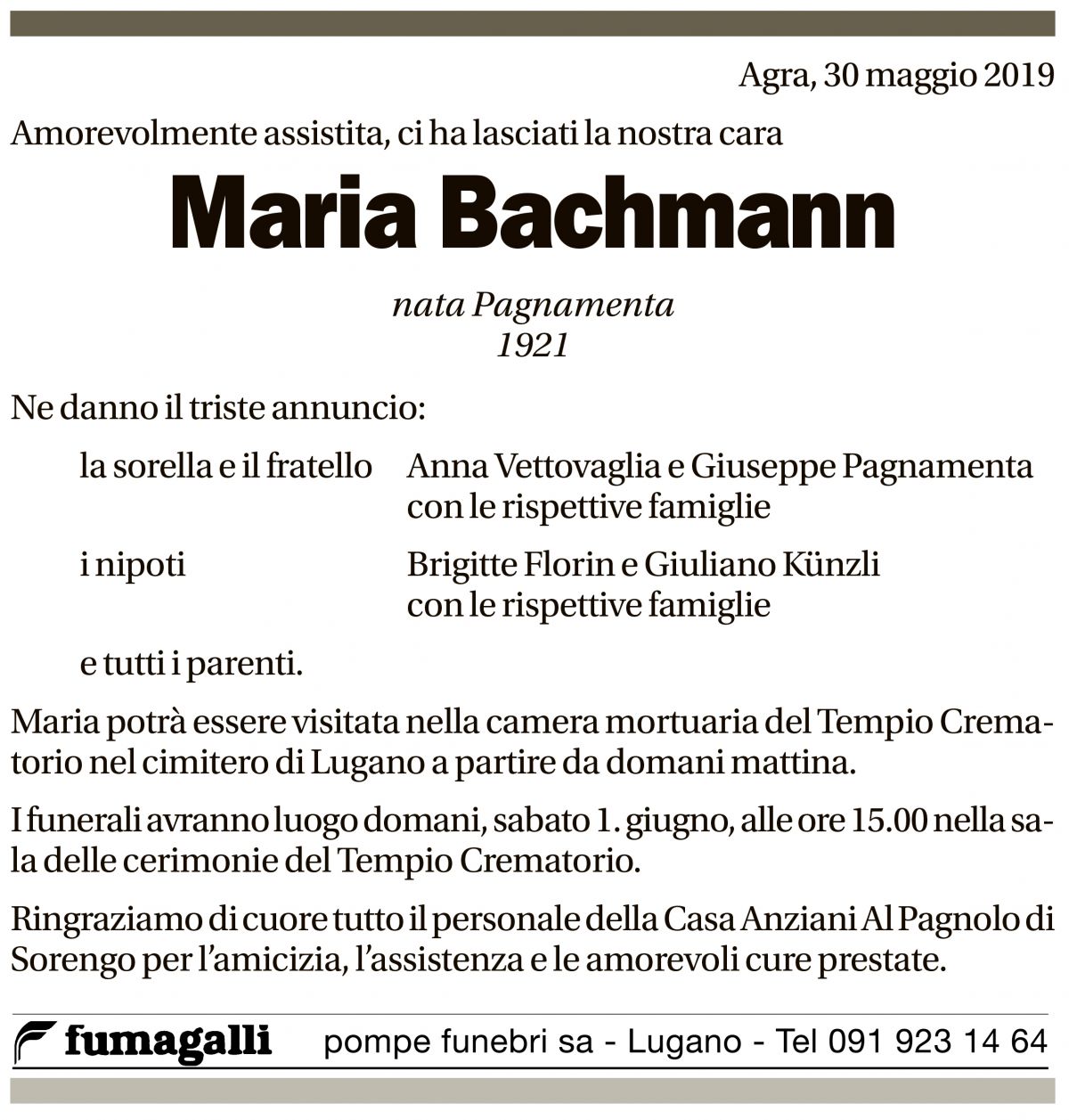 Annuncio funebre Maria Bachmann