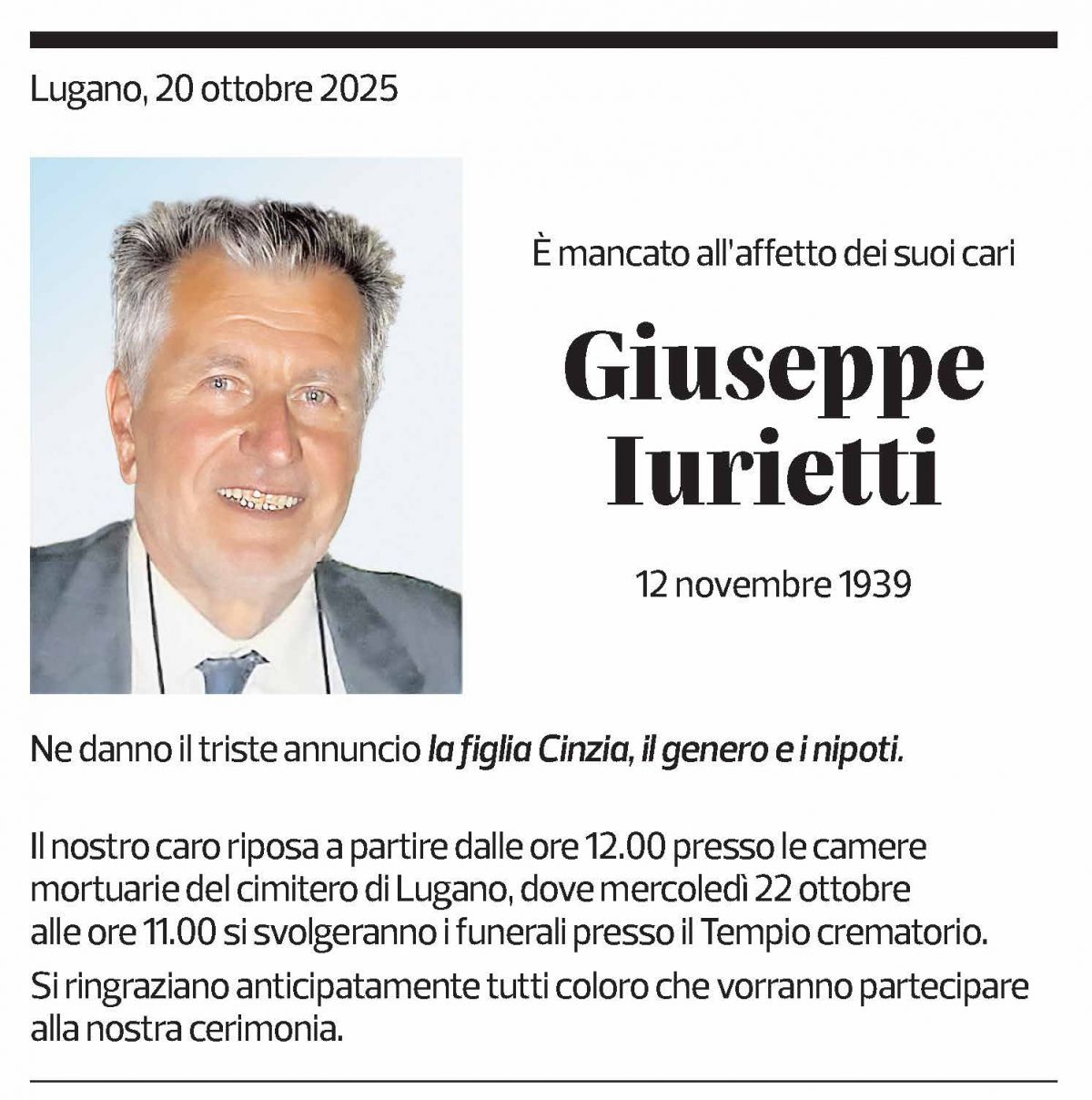 Annuncio funebre Giuseppe Iurietti