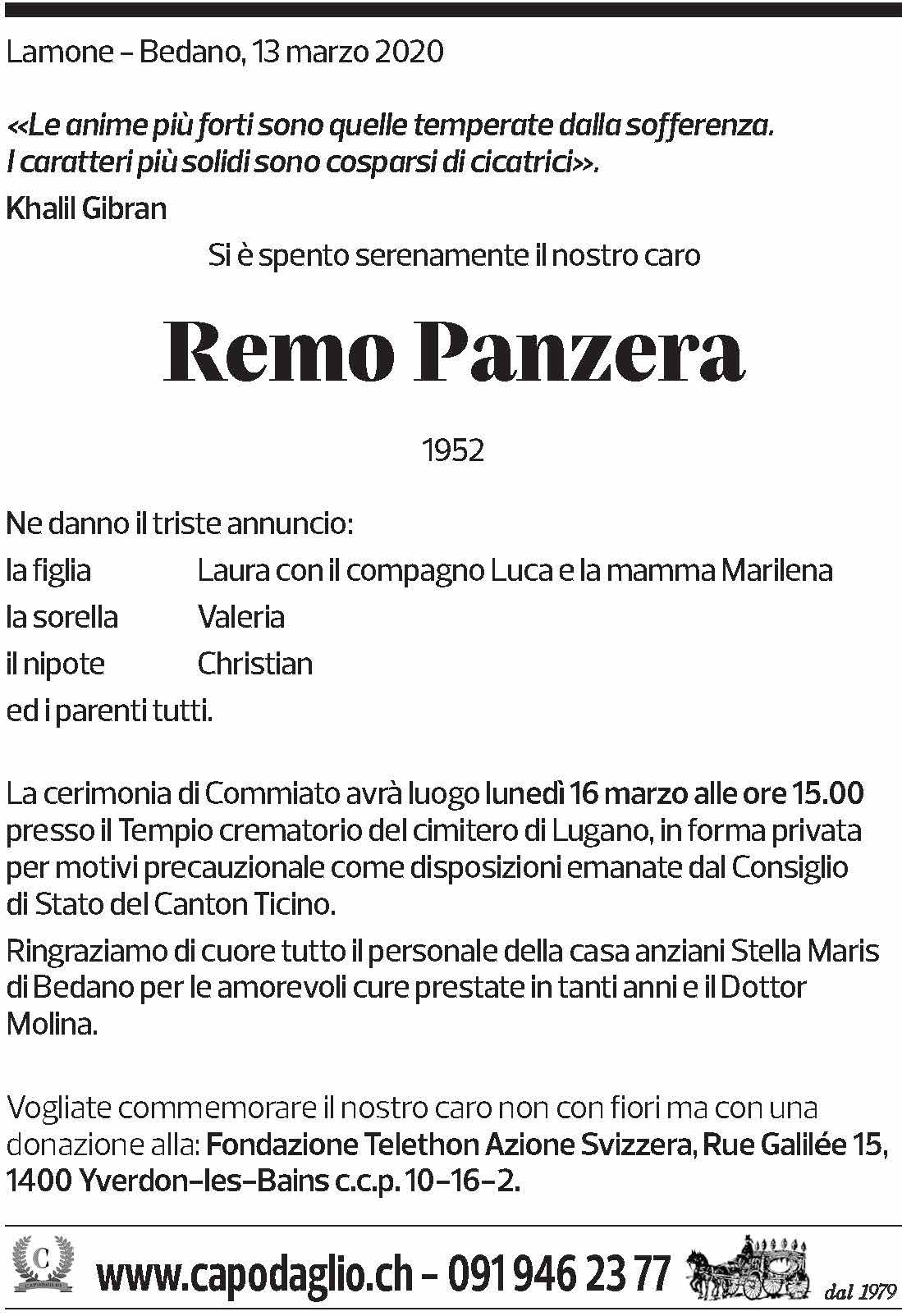 Annuncio funebre Remo Panzera