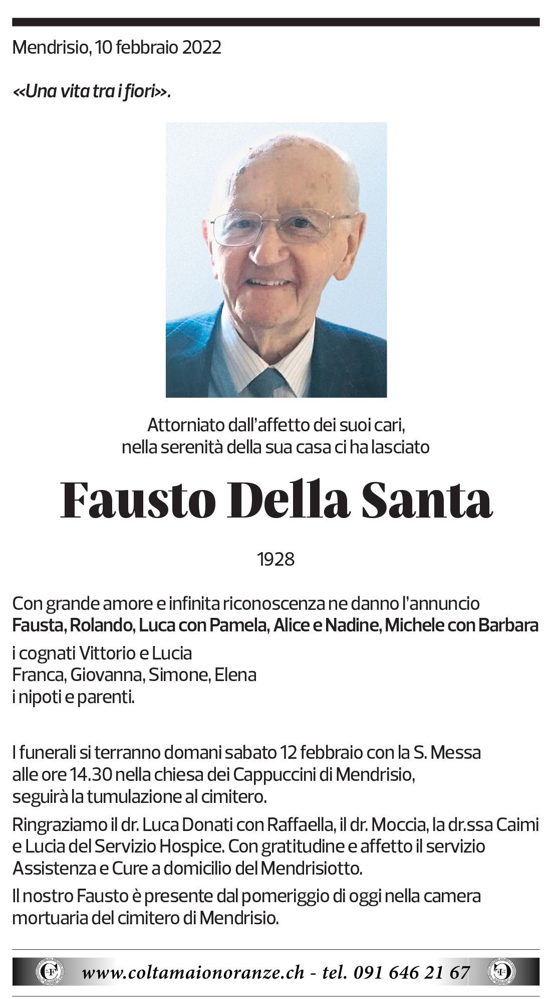 Annuncio funebre Fausto Della Santa