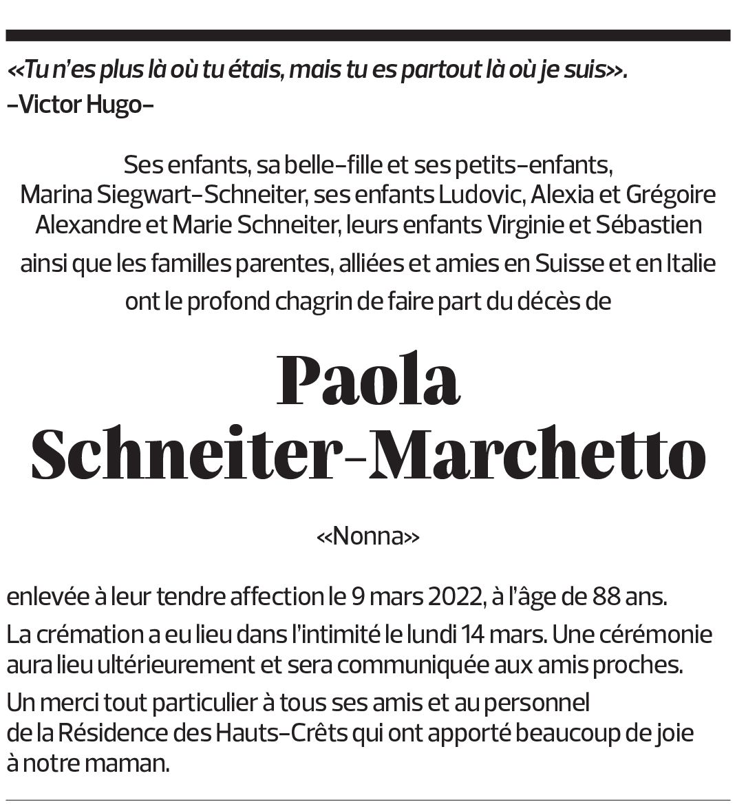 Annuncio funebre Paola Schneiter-marchetto