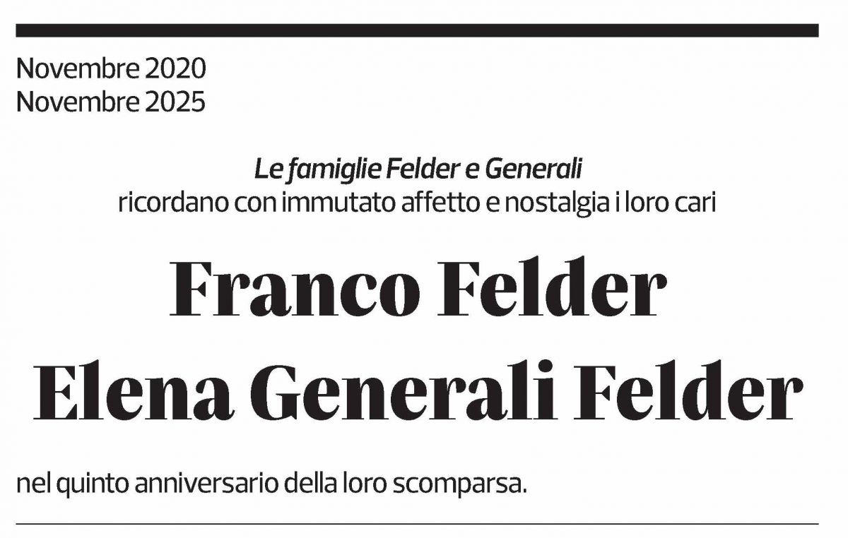 Annuncio funebre Franco Felder Elena Generali Felder