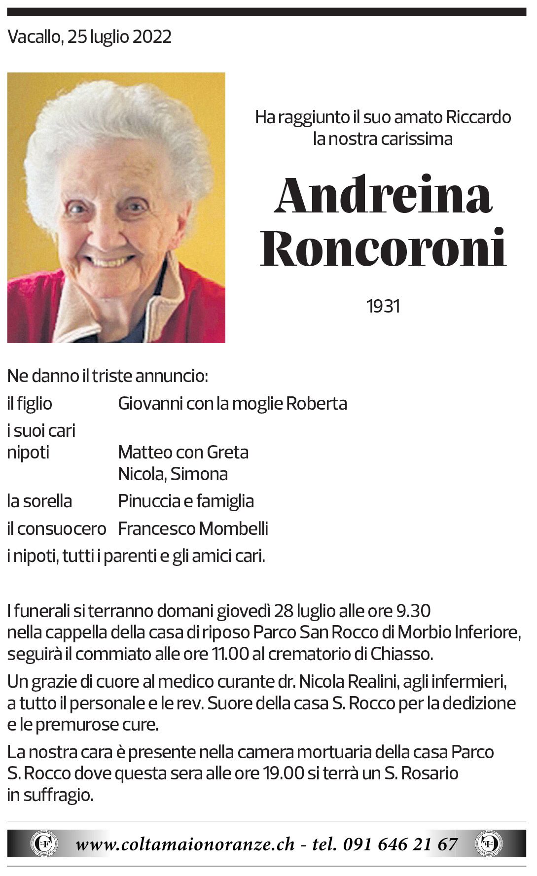 Annuncio funebre Andreina Roncoroni