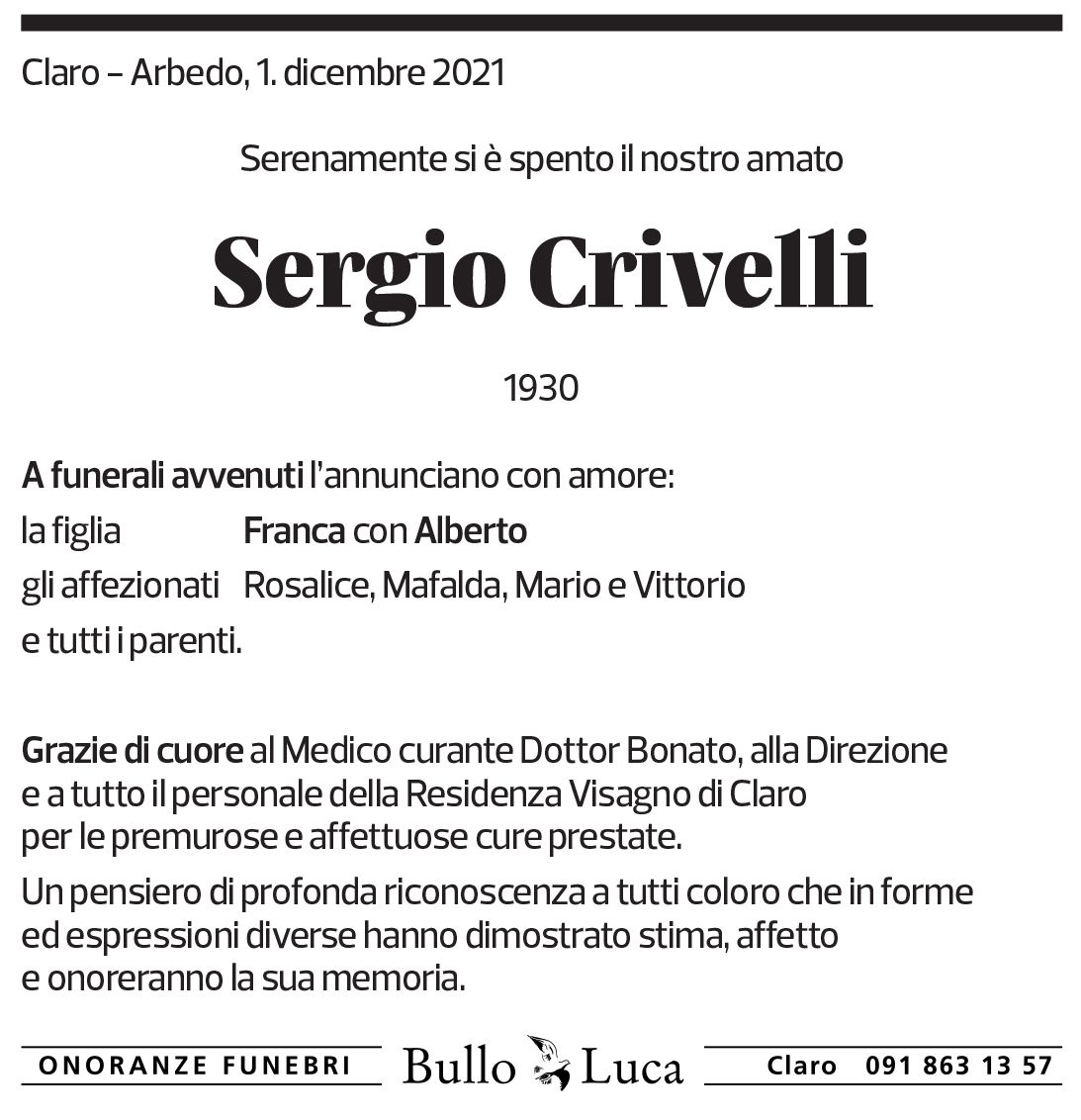 Annuncio funebre Sergio Crivelli