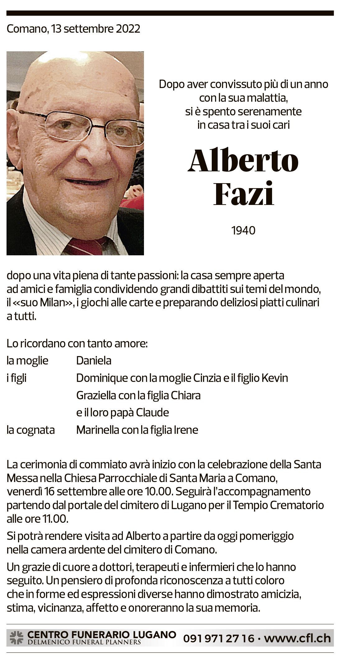 Annuncio funebre Alberto Fazi