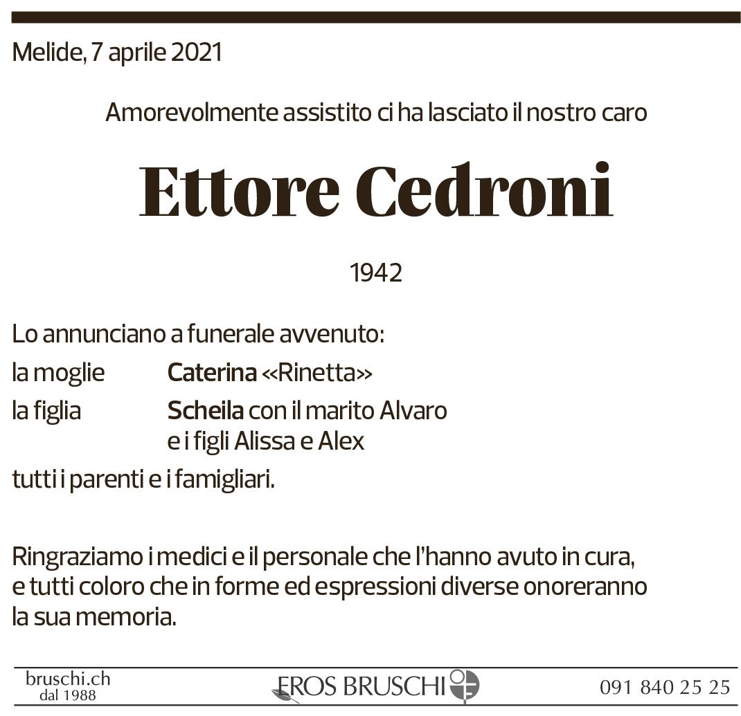 Annuncio funebre Ettore Cedroni