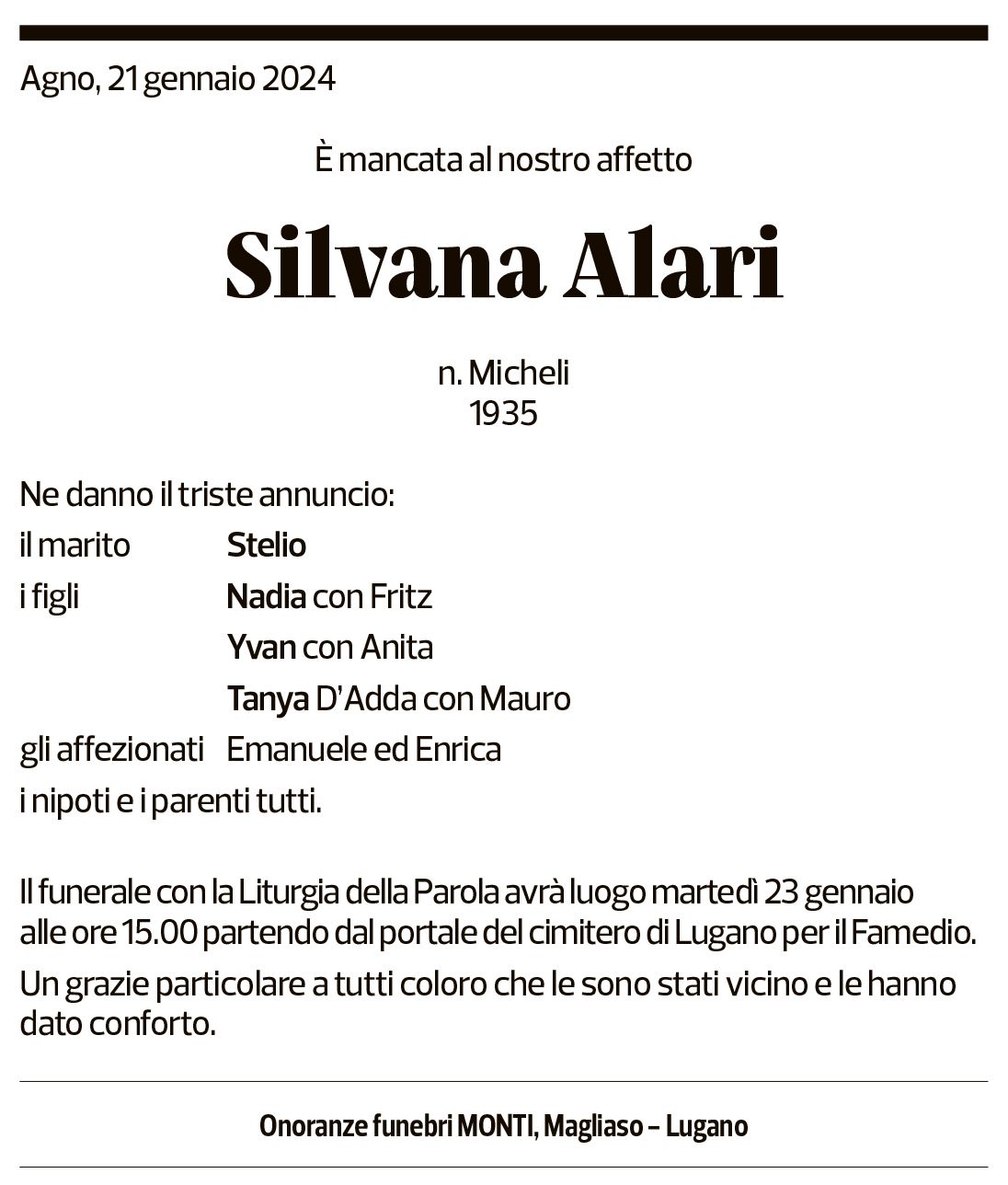 Annuncio funebre Silvana Alari