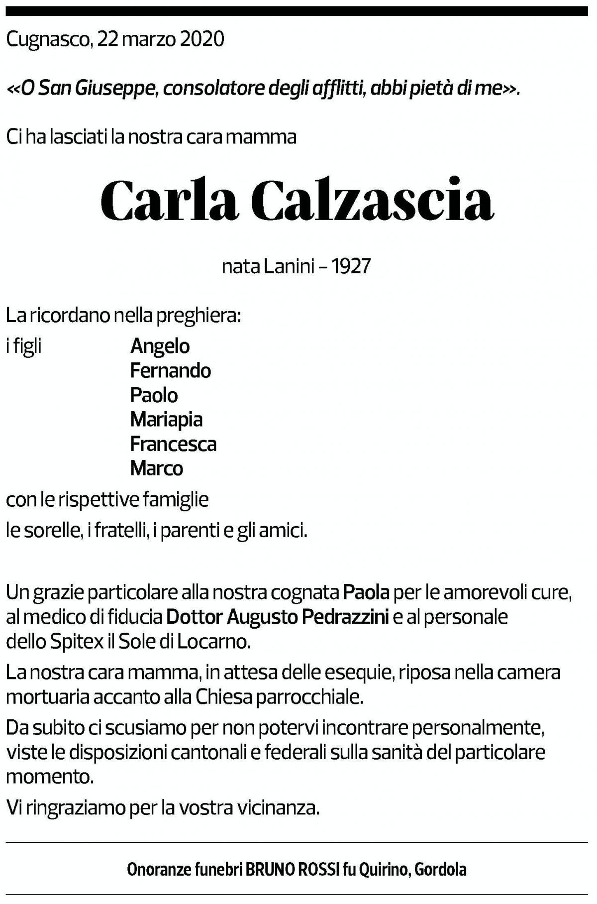 Annuncio funebre Carla Calzascia