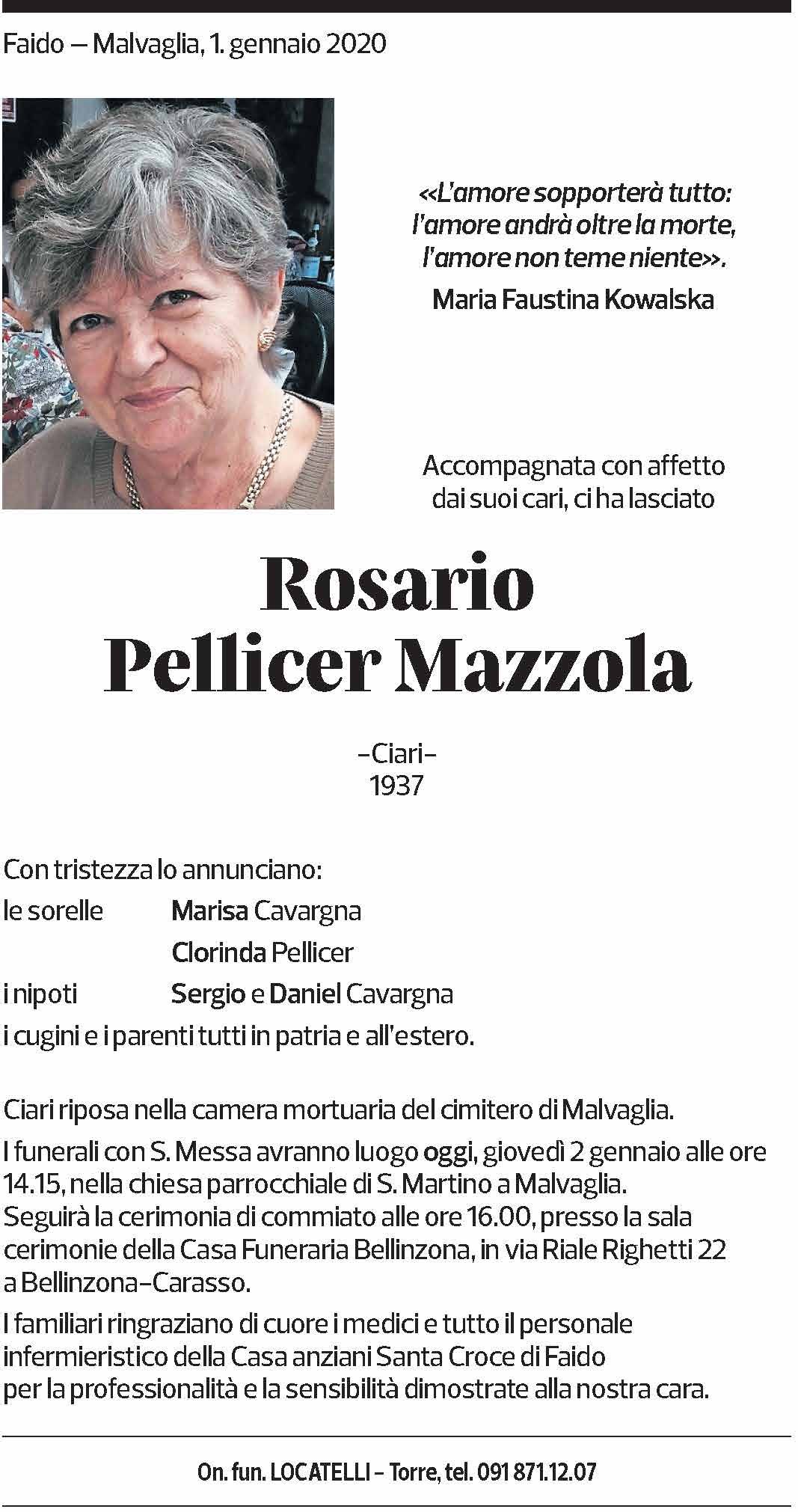 Annuncio funebre Rosario Pellicer Mazzola