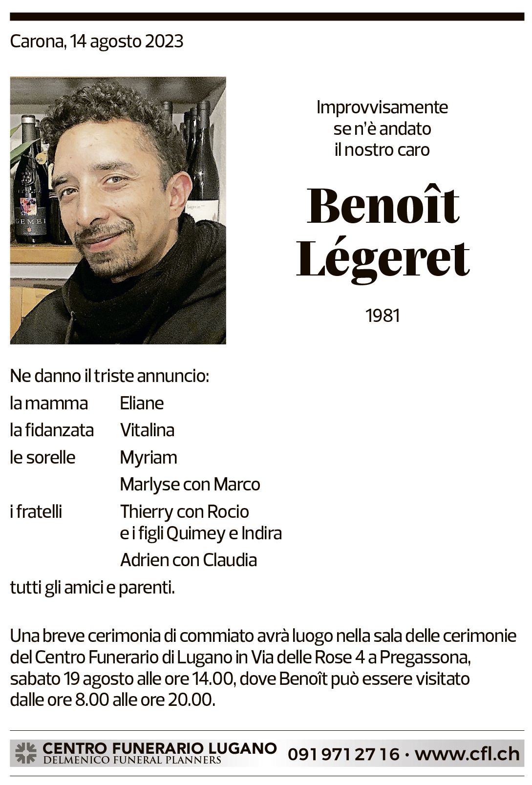 Annuncio funebre Benoît Légeret