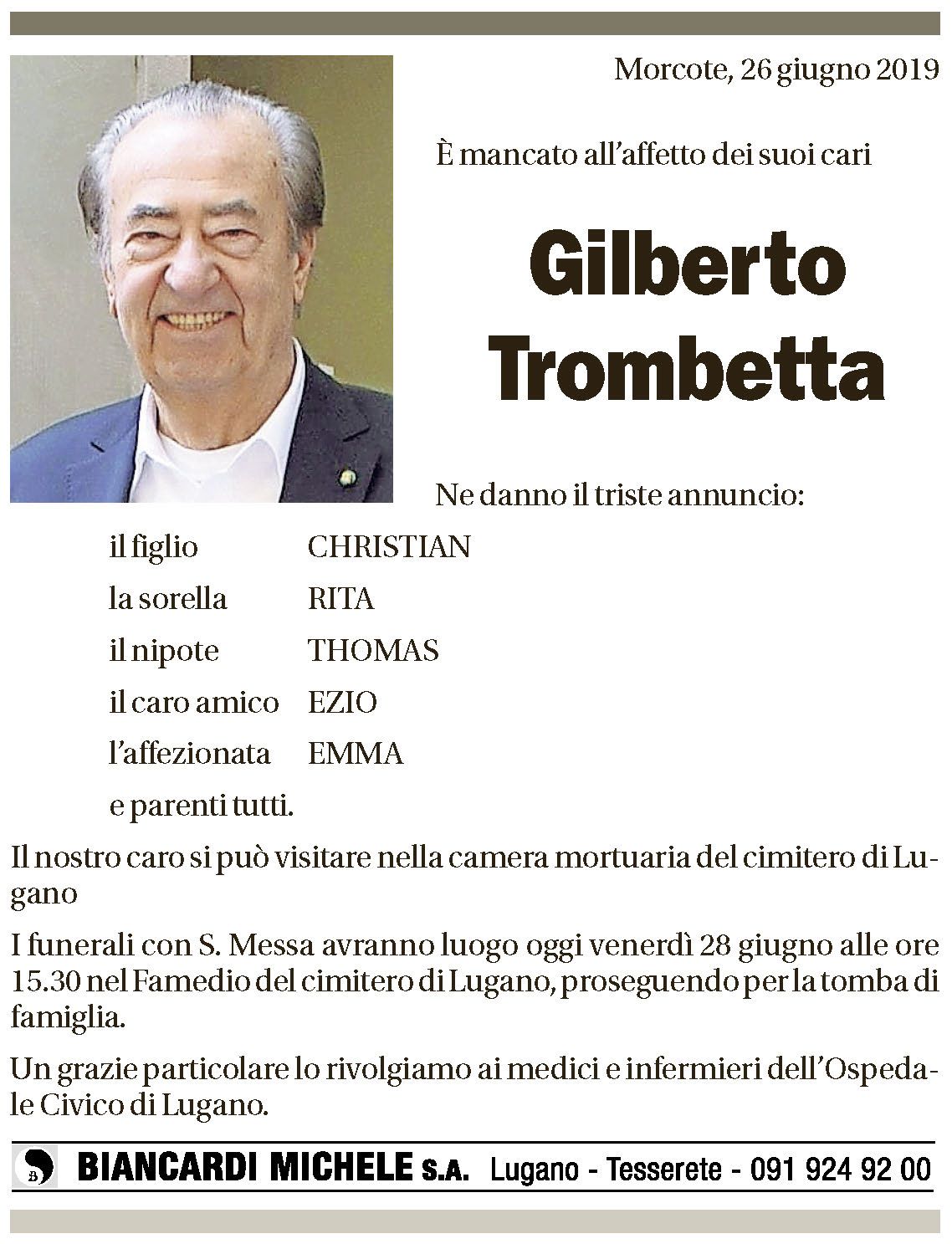 Annuncio funebre Gilberto Trombetta
