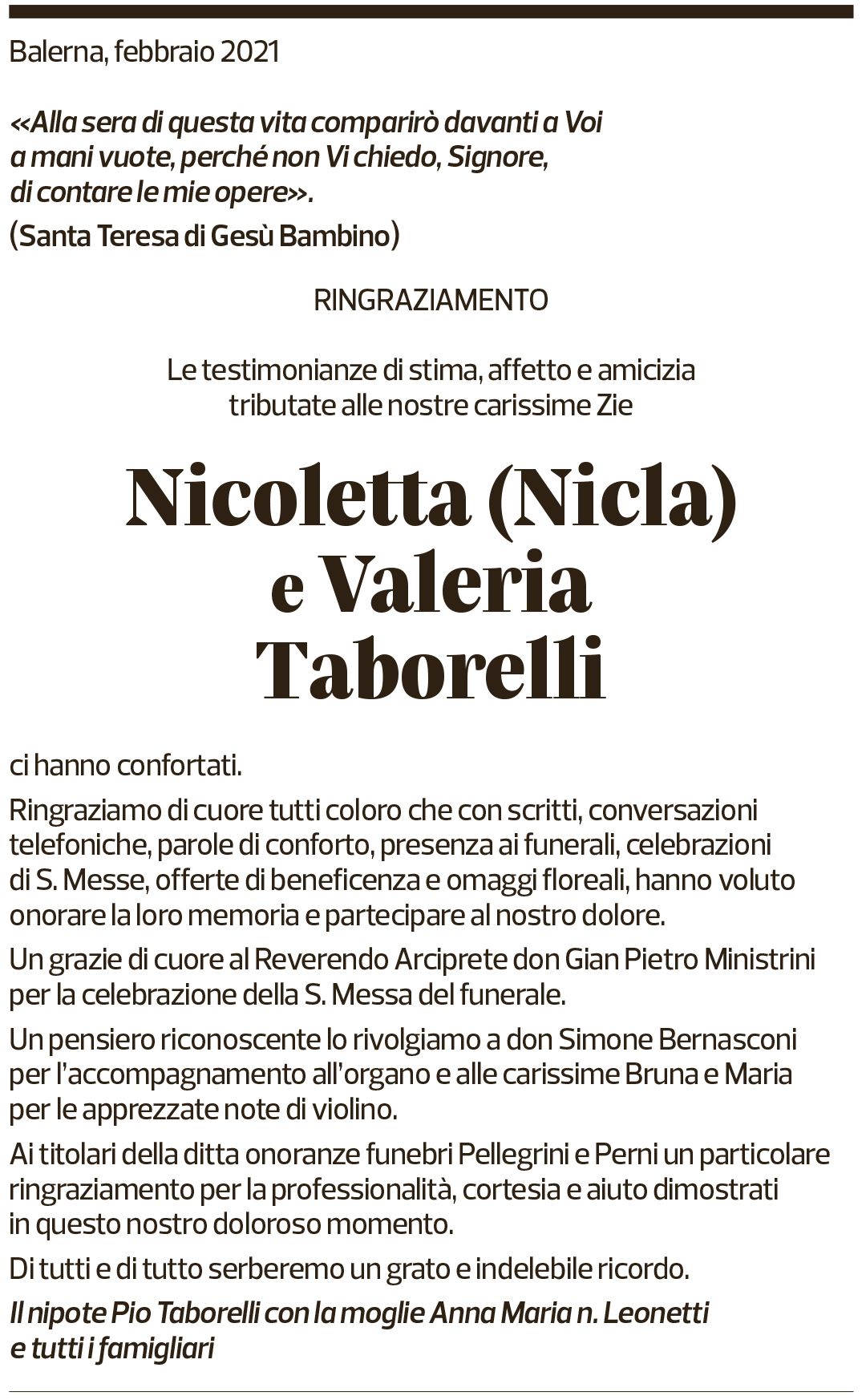 Annuncio funebre Nicoletta E Valeria Taborelli