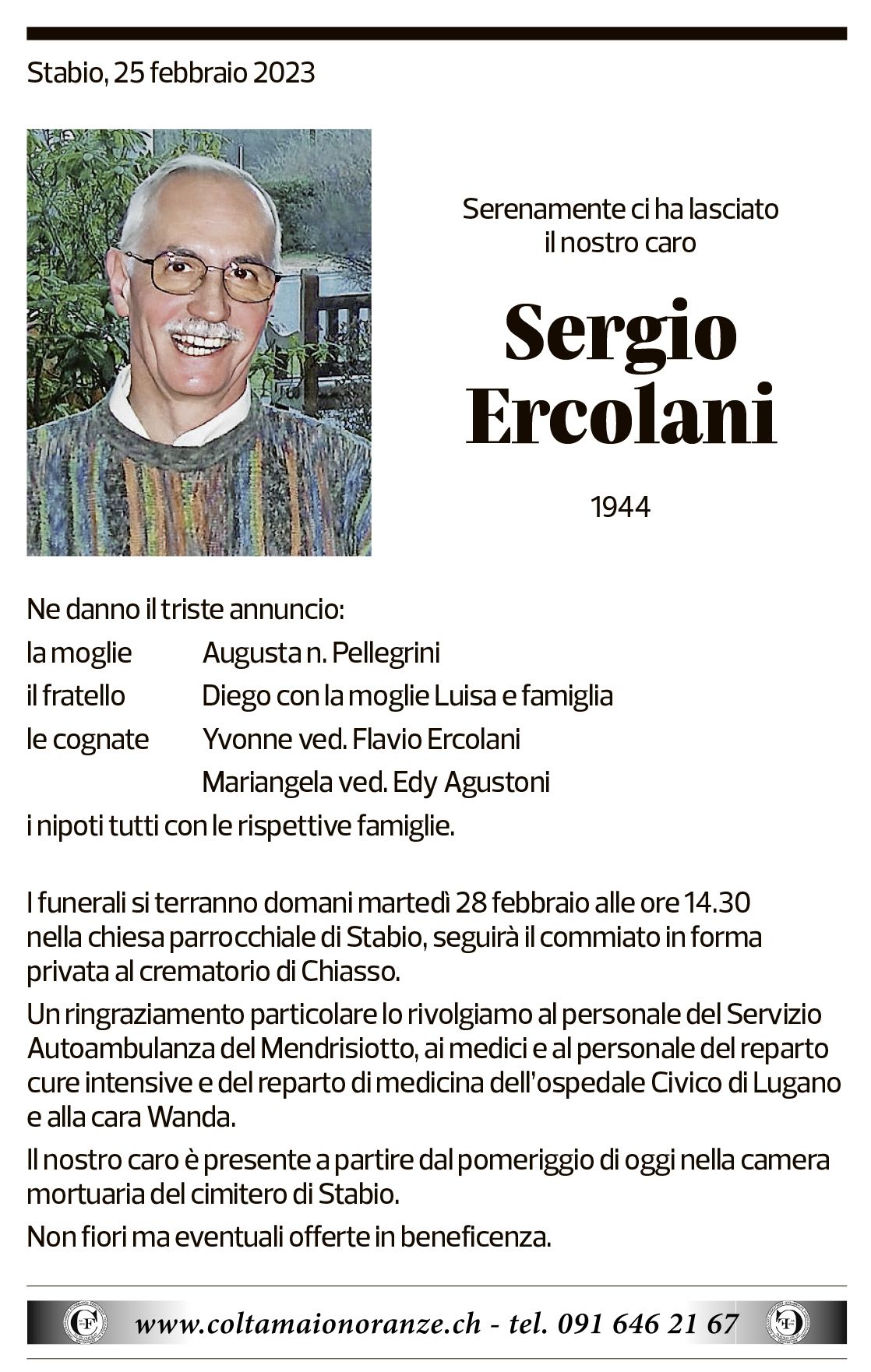 Annuncio funebre Sergio Ercolani